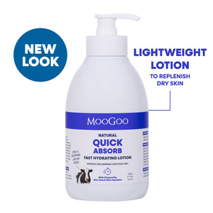 A bottle of MooGoo Natural Quick Absorb fast hydrating lotion with a pump dispenser, shown on a white background with promotional text overlays 'NEW LOOK' and 'LIGHTWEIGHT LOTION TO REPLENISH DRY SKIN'.