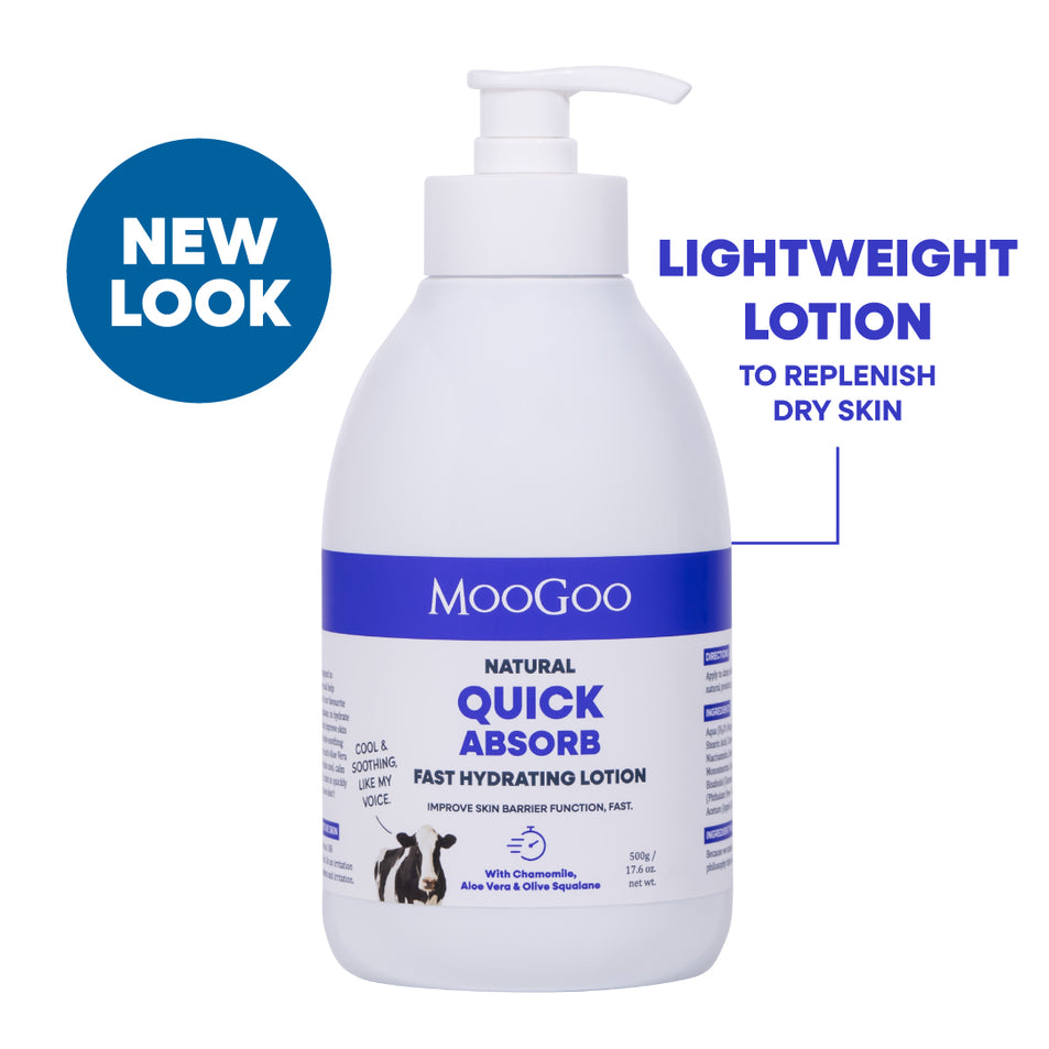 A bottle of MooGoo Natural Quick Absorb fast hydrating lotion with a pump dispenser, shown on a white background with promotional text overlays 'NEW LOOK' and 'LIGHTWEIGHT LOTION TO REPLENISH DRY SKIN'.