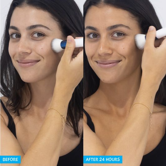 MooGoo Tanning Blending Brush and face mist pictured with before and after skin results, streak-free self tan within 24 hours.