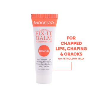 MooGoo Natural Fix It Balm on white background, Petroleum free, for chapped lips, dry spots, blemishes. redness and cracks. 