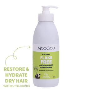 MooGoo Natural Flake Free Anti-Dandruff Conditioner 500ml pump bottle, silicone free formula with jojoba and coconut oil to restore dry scalp