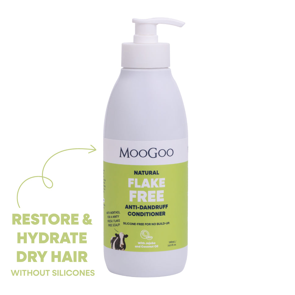 MooGoo Natural Flake Free Anti-Dandruff Conditioner 500ml pump bottle, silicone free formula with jojoba and coconut oil to restore dry scalp