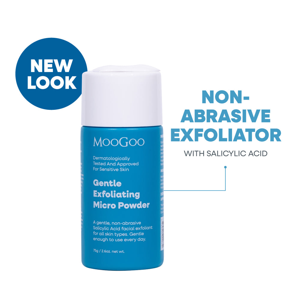 MooGoo Gentle Exfoliating Micro Powder in a blue bottle with a white cap, shown on a white background, salicylic acid facial exfoliant with rice bran powder, non-abrasive gently exfoliates and smoothes skin. 