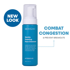 MooGoo Gentle Foaming Face Cleanser in a blue bottle with a white pump dispenser, shown on a white background. Natural non-clogging SLS-free cleanser to combat congestion and breakouts, clarify and soothe skin. 