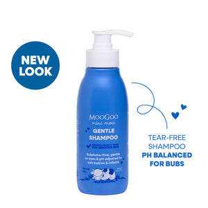 MooGoo Mini Moo Baby and child Blue gentle shampoo bottle with pump on a white background. Tear-free shampoo for kids, ph balanced mild formula for sensitive scalps and baby skin. 