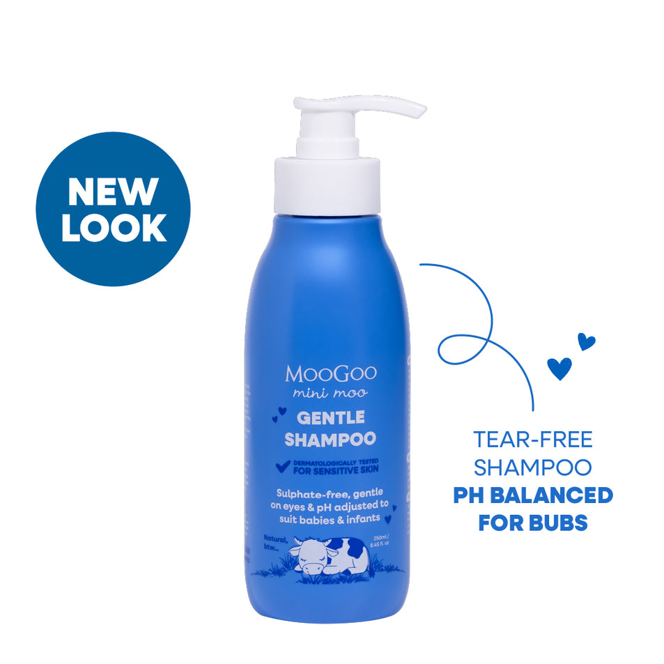MooGoo Mini Moo Baby and child Blue gentle shampoo bottle with pump on a white background. Tear-free shampoo for kids, ph balanced mild formula for sensitive scalps and baby skin. 