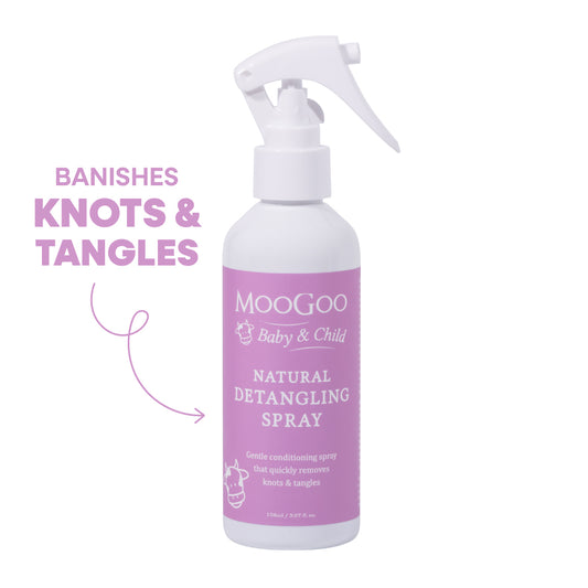 MooGoo Baby & Child Natural Detangling Spray 150ml with purple label, gentle conditioning spray for kids that banishes knots and tangles
