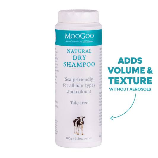 MooGoo Natural Dry Shampoo bottle on white background, talc free scalp friendly formula adds volume and texture without aerosols for all hair types