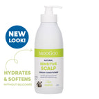 MooGoo Natural Sensitive Scalp Cream Conditioner on white background, silicone free hair conditioner with jojoba oil and milk protein for sensitive scalps and all hair types
