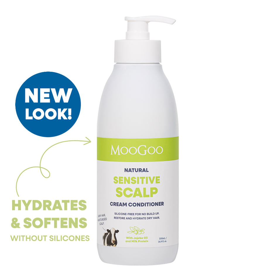 MooGoo Natural Sensitive Scalp Cream Conditioner on white background, silicone free hair conditioner with jojoba oil and milk protein for sensitive scalps and all hair types