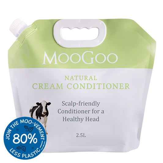 MooGoo Natural Cream Conditioner refill pouch 2.5L on white background, scalp friendly silicone free conditioner eco pack with 80% less plastic