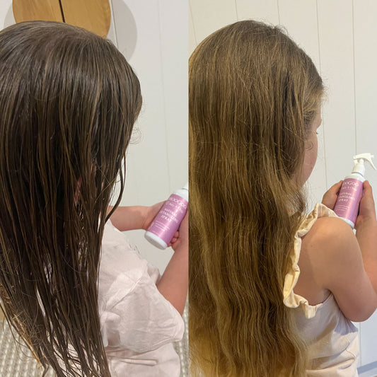 Child holding MooGoo Baby & Child Natural Detangling Spray with before and after results, wet tangled hair transformed into smooth waves