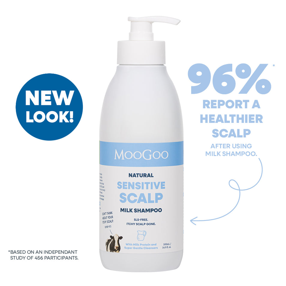 MooGoo Milk Shampoo for sensitive scalp shown on clean background, dermatologist-approved scalp care, SLS free.