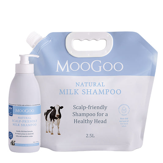 MooGoo Milk Shampoo 500ml with 2.5L refill pouch on clean white background, natural scalp-friendly shampoo bundle