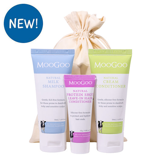 MooGoo Hair Care Trial Kit on white background, mini shampoo, conditioner and leave-in conditioner set with natural scalp-friendly formulas