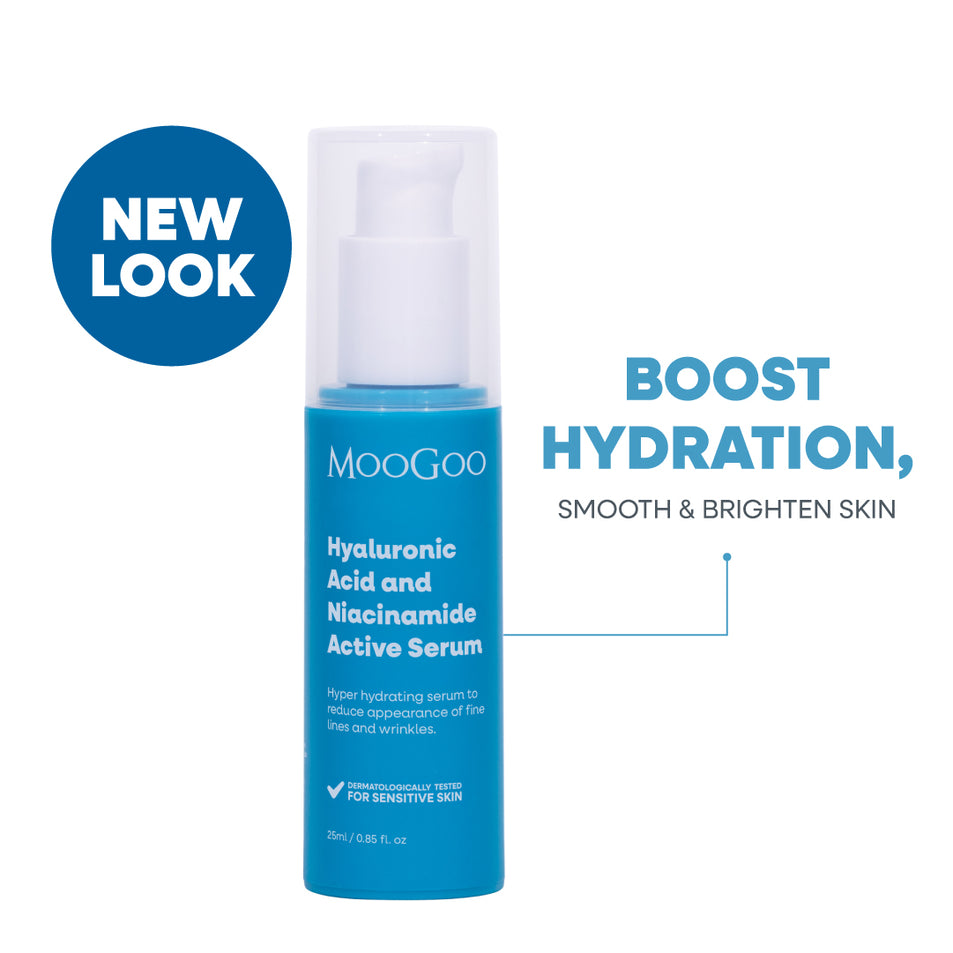 MooGoo Hyaluronic Acid and Niacinamide Active Serum in a bright blue pump bottle with a white cap, shown on a white background, hydrating face serum with vitamin B3 for fine lines and wrinkles, regulate oil and retain moisture