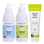 MooGoo Scalp Repair pack containing a Natural Flake Free Anti-Dandruff Shampoo bottle, a Natural Flake Free Anti-Dandruff Conditioner bottle, and a Natural Scalp Repair Cream tube, all on a white background.For dandruff and seborrheic dermatitis, gentle on sensitive scalps. 