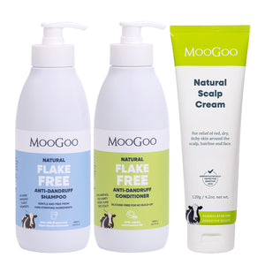 MooGoo Scalp Repair pack containing a Natural Flake Free Anti-Dandruff Shampoo bottle, a Natural Flake Free Anti-Dandruff Conditioner bottle, and a Natural Scalp Repair Cream tube, all on a white background.For dandruff and seborrheic dermatitis, gentle on sensitive scalps. 