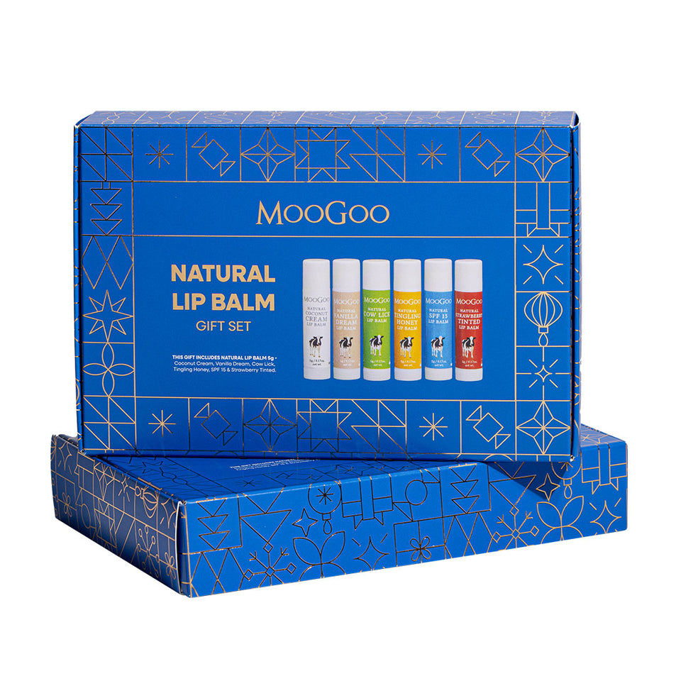 MooGoo Natural Lip Balm Christmas Gift Set in blue themed packaging on a white background.