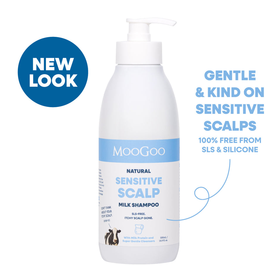 MooGoo Natural Sensitive Scalp Milk Shampoo bottle in a white pump bottle with a blue label band, shown on a white background with a blue 'NEW LOOK' badge. Gentle & Kind on sensitive scalps. Free from SLS & silicone. 