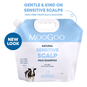 MooGoo Natural Sensitive Scalp Milk Shampoo refill pouch in light blue and white, featuring a cow illustration and promotional text including 'Gentle & Kind on Sensitive Scalps' and a blue 'New Look' badge. MooGoo Milk Shampoo bulk 2.5L eco pouch, sulphate-free shampoo for scalp health. 