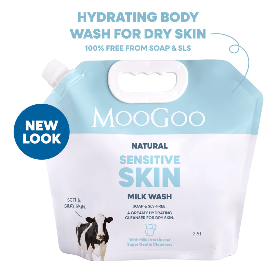 MooGoo Natural Sensitive Skin Milk Wash in a 2.5L flexible refill pouch. Eco friendly refill pouch of MooGoo Natural Milk Wash 2.5L, hydrating body wash for sensitive dry skin, soap, sls and sulphate free. 