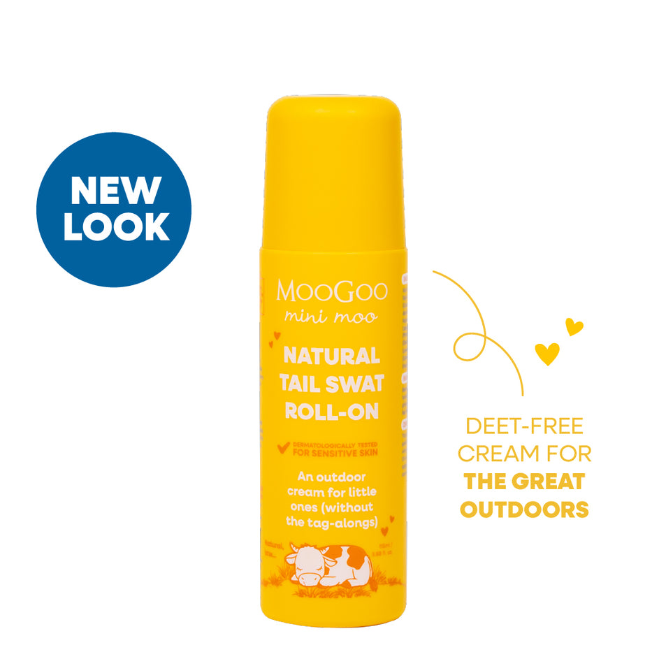 MooGoo baby and child mini moo Natural Tail Swat Roll-on insect repellent in a bright yellow cylindrical tube, shown on a white background. Lightweight insect repellent safe for newborns, children and families, natural formula for outdoor use.