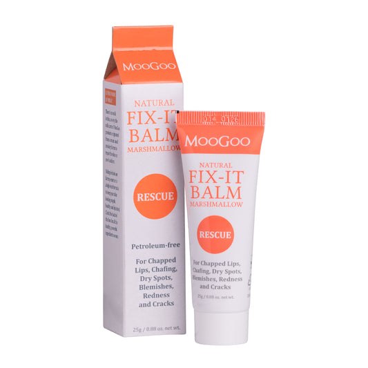 MooGoo Natural Fix It Balm on white background, Petroleum free, for chapped lips, dry spots, blemishes. redness and cracks