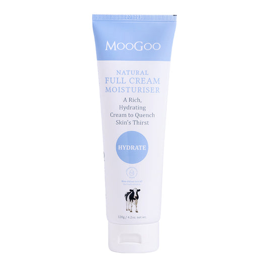 Natural Full Cream Moisturiser by MooGoo shown against plain backdrop, everyday face and body cream to boost elasticity and hydrate sensitive skin