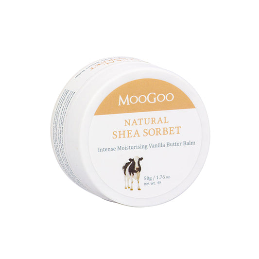 Moogoo Natural Shea Sorbet Vanilla Butter Balm 50g on white background, natural butter balm for dry, chapped and cracked skin
