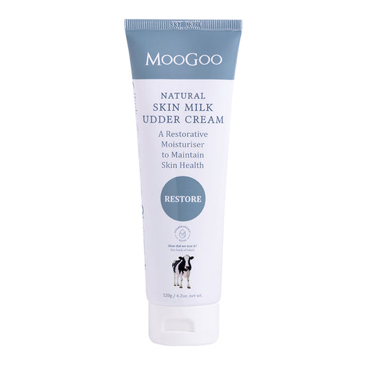 MooGoo Skin Milk Udder Cream on white background, natural restorative moisturiser with aloe vera and vitamin E for dry, sensitive or damaged skin.