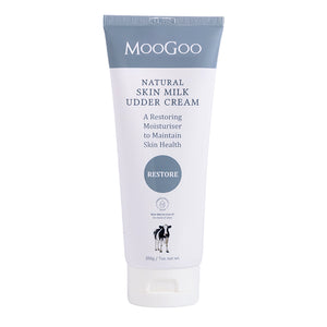 MooGoo Skin Milk Udder Cream on white background, natural restorative moisturiser with aloe vera and vitamin E for dry, sensitive or damaged skin.