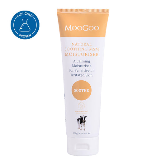 MooGoo Soothing MSM Moisturiser on white background, natural moisturiser with MSM and aloe vera to relieve itchiness, dryness and rosacea sensitivity