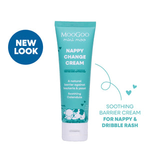 MooGoo baby and child Mini Moo Nappy Change Cream tube in a teal colour with a white cap, shown on a white background. Paediatrician approved, calms and protects baby's skin against nappy rash.
