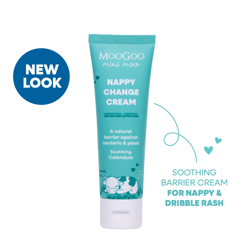 MooGoo baby and child Mini Moo Nappy Change Cream tube in a teal colour with a white cap, shown on a white background. Paediatrician approved, calms and protects baby's skin against nappy rash.