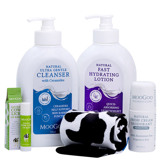 MooGoo Oncology Cancer Care Pack with Ultra Gentle Cleanser, Fast Hydrating Lotion, Sensitive Deodorant, Cow Lick Lip Balm and cosy cow print socks, skincare gift set for chemo and radiation patients