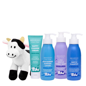 MooGoo Baby Starter Kit gift box with Gentle Shampoo, Skin Barrier Support Moisturiser, Bubbly Wash, Nappy Change Cream and toy cow, natural skincare essentials for newborns