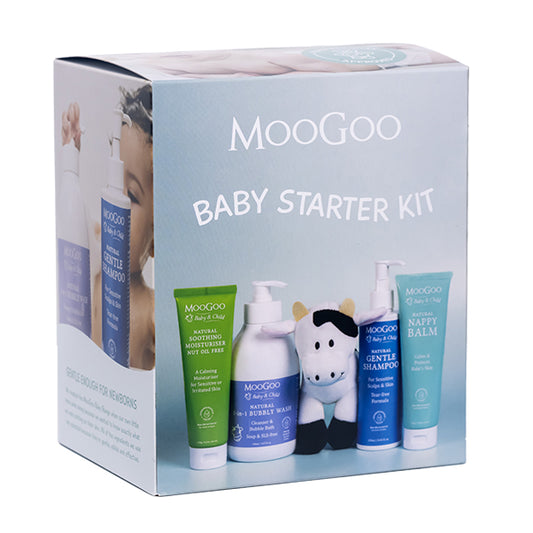 Boxed MooGoo Baby Starter Kit with four natural baby skincare products and cow toy, complete newborn care set for cleansing, moisturising and protection
