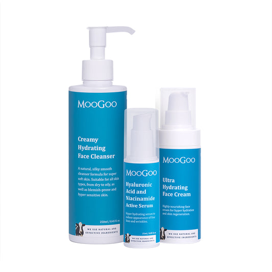 MooGoo Face Hydration Essentials Pack with Creamy Hydrating Face Cleanser, Hyaluronic Acid and Niacinamide Active Serum and Ultra Hydrating Face Cream, natural skincare products designed to rehydrate, nourish and restore skin moisture barrier
