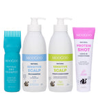 Scalp & hair Care set of MooGoo hair care products including natural dry shampoo, milk shampoo, cream conditioner, and protein shot leave in conditioner on a white background.