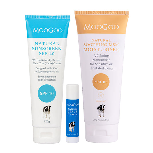 MooGoo Summer Essentials Pack on white background, bundle with SPF 40 zinc sunscreen, SPF 15 lip balm and soothing MSM moisturiser for sun care.