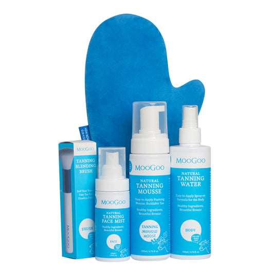 MooGoo Tanning Essentials Starter Kit includes tanning mousse, face mist, body tanning water, application mitt and blending brush for sunless glow