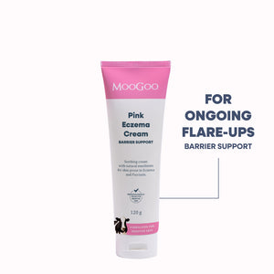 MooGoo Pink Eczema Cream barrier support tube, 120g, shown on a white background with text indicating it is for ongoing flare-ups.