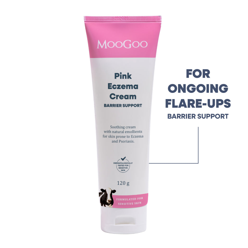 MooGoo Pink Eczema Cream barrier support tube, 120g, shown on a white background with text indicating it is for ongoing flare-ups.
