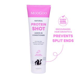 MooGoo Natural Protein Shot Leave-In Conditioner in a squeeze tube with a pink and white label, shown alongside text and a 'Curly Girl Approved' badge on a white background. Encourages Hair growth and prevents split ends. 