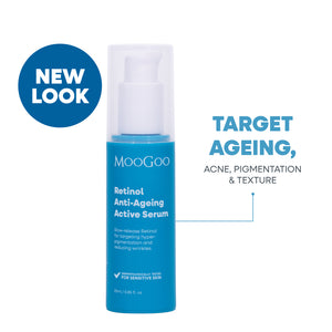 MooGoo Retinol Anti-Ageing Active Serum in a bright blue pump bottle with a white cap, shown on a white background, 25ml bottle with slow-release Vitamin A for targeting fine lines, acne and uneven skin tone. 