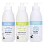 Three MooGoo Natural Sensitive Hair Care products on a white background: Natural Sensitive Scalp Milk Shampoo with a blue label, Natural Sensitive Scalp Cream Conditioner with a green label, and Natural Sensitive Skin Milk Wash with a light blue label.