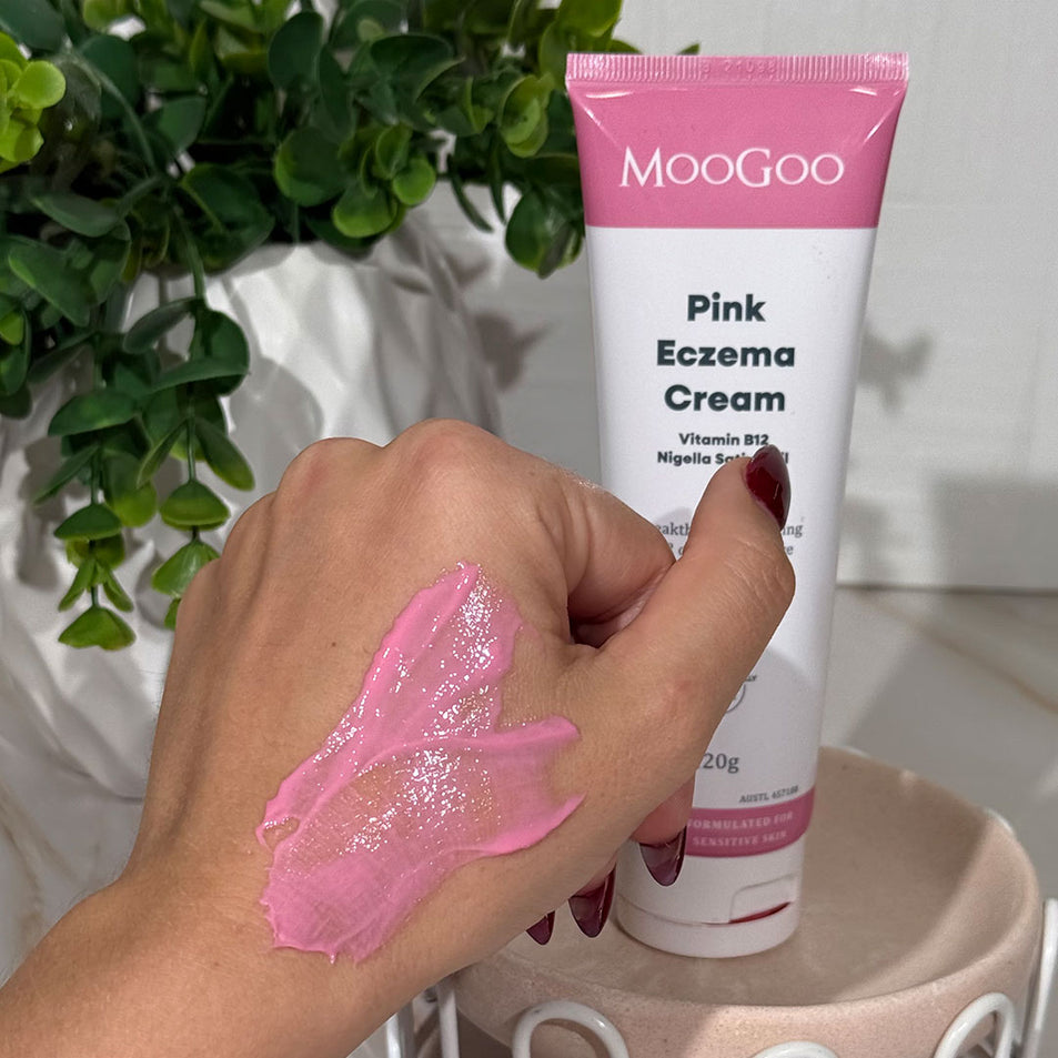 MooGoo Pink Eczema Cream swatch on hand, lightweight Vitamin B12 treatment moisturiser for eczema, psoriasis and dermatitis relief
