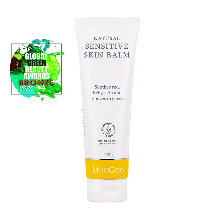 MooGoo Sensitive Skin Balm tube with Global Green Beauty Awards badge, gentle cream for red itchy irritated skin