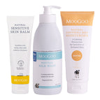 MooGoo Skin Soothing Value Set on white background, 3-step routine with Milk Wash, Eczema & Psoriasis Cream and MSM Moisturiser for dry skin.